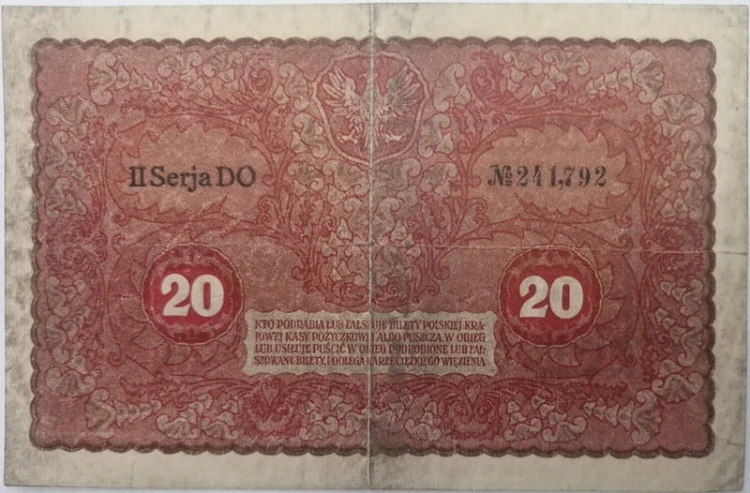 Banknot 20 marek 1919 awers stan 3