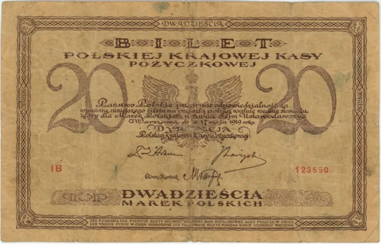 Banknot 20 marek polskich V 1919 awers