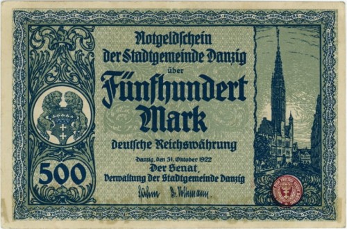 Banknot 500 marek 1922 Wolne Miasto Gdańsk awers