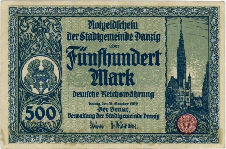 Banknot 500 marek 1922 Wolne Miasto Gdańsk awers