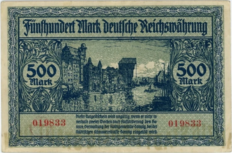 Banknot 500 marek 1922 Wolne Miasto Gdańsk rewers