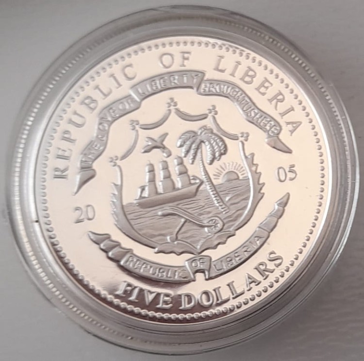 5 dolarów Jan Paweł II Liberia 2005 awers