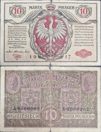 Banknot 10 marek polskich 1917 stan 4