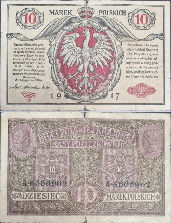 Banknot 10 marek polskich 1917 stan 4