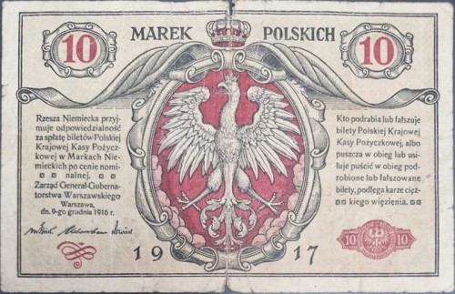 Banknot 10 marek polskich 1917 stan 4 awers