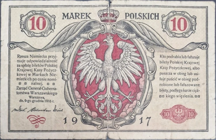Banknot 10 marek polskich 1917 stan 4 awers