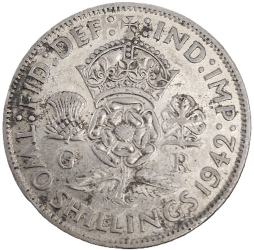 Moneta 2 szylingi 1942 Wielka Brytania Jerzy VI srebro rewers