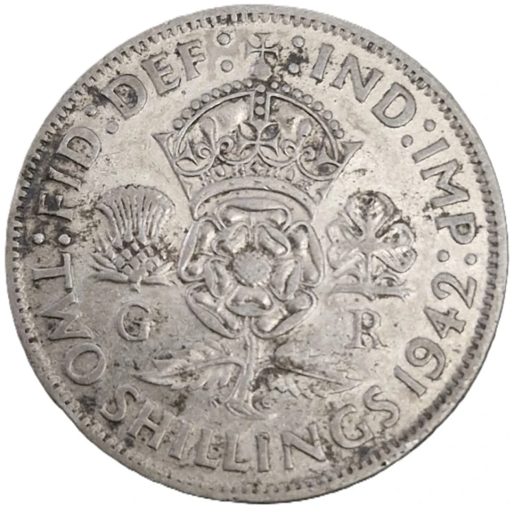 Moneta 2 szylingi 1942 Wielka Brytania Jerzy VI srebro rewers