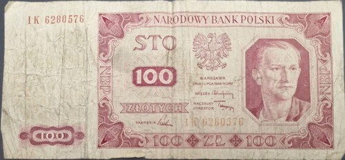 Banknot 100 zł 1948 stan 4 awers