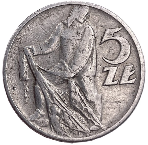 Moneta PRL 5 zł Rybak 1958 stan 3 rewers