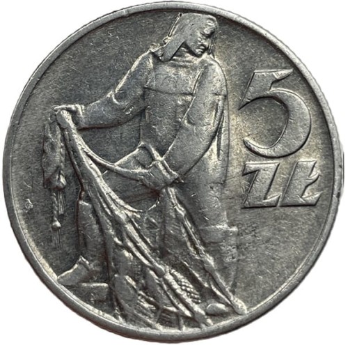 Moneta PRL 5 zł Rybak 1959 stan 2 rewers