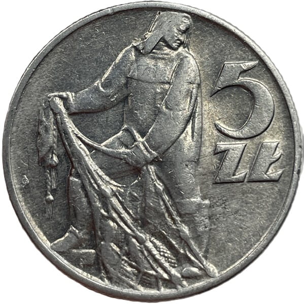 Moneta PRL 5 zł Rybak 1959 stan 2 rewers