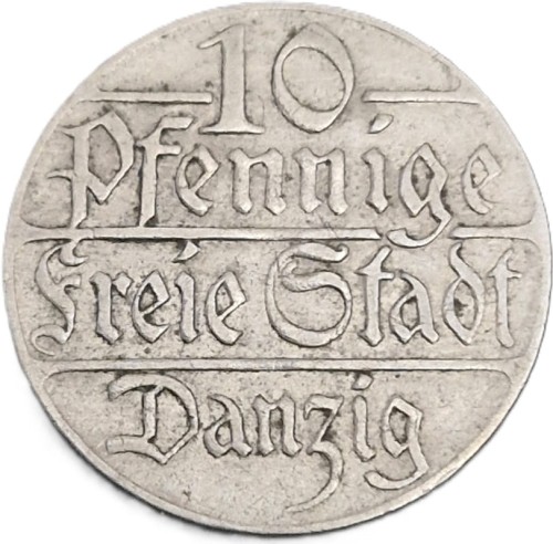 Moneta 10 fenigów Wolne Miasto Gdańsk 1923 rewers