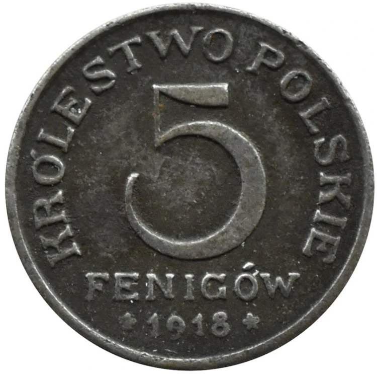 5 fenigów 1918 Królestwo Polskie rewers