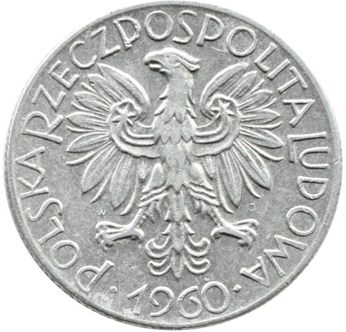 Moneta 5 zł Rybak 1960 stan 3 awers