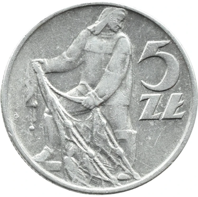 Moneta 5 zł Rybak 1960 stan 3 rewers