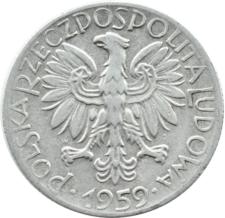Moneta PRL 5 zł Rybak 1959 stan 2 awers
