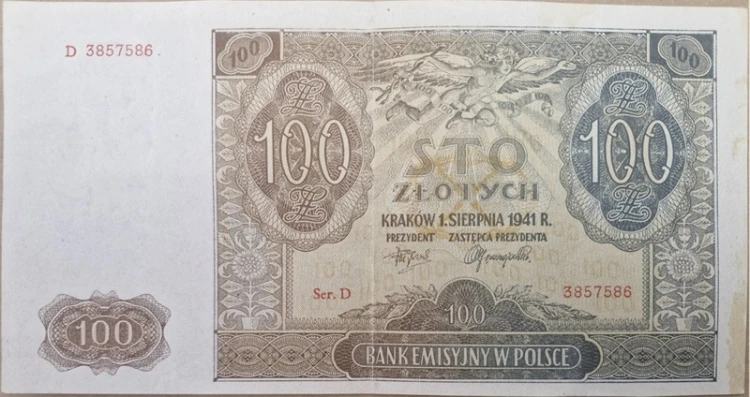 Banknot 100 zł 1941 stan 2 awers