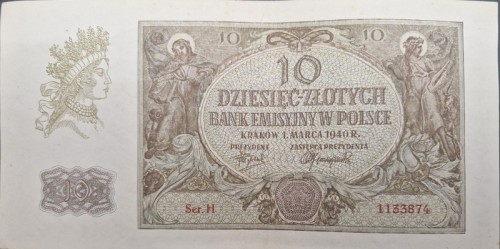 Banknot 10 złotych 1940 awers