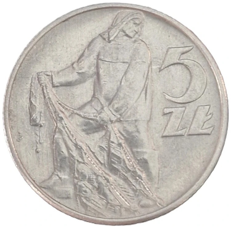 Moneta 5 zł Rybak 1973 stan 1 rewers