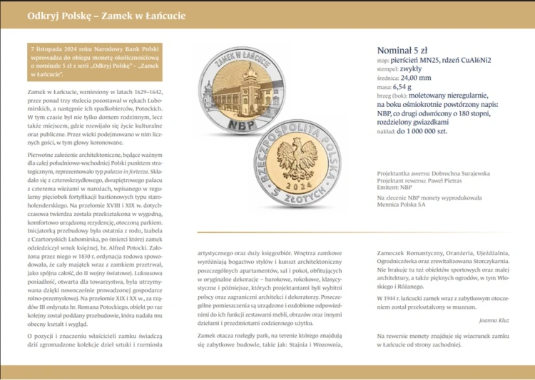 Folder emisyjny 2024 5 zł Zamek w Łańcucie środek