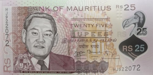 Mauritius banknot 25 rupii 2013 UNC polimer awers