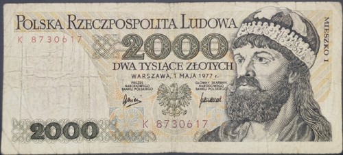 Banknot 2000 zł Mieszko I 1977 stan 3 awers