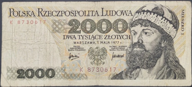 Banknot 2000 zł Mieszko I 1977 stan 3 awers