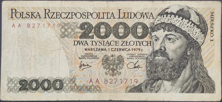 anknot 2000 zł 1979 seria dwuliterowa Mieszko I stan 3 awers