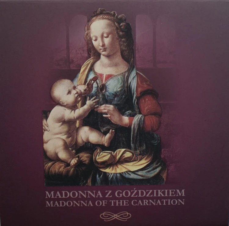 Moneta 1 dolar Madonna z Goździkiem Arcydzieła renesansu 2014 pudełko