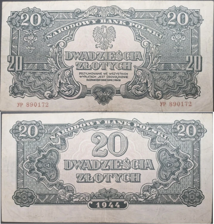 Banknot 20 zł 1944 r. seria lubelska
