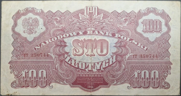 Banknot 100 zł 1944 seria lubelska rewers