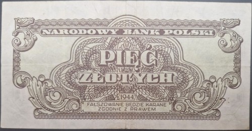 Banknot 5 zł 1944 seria lubelska -owym awers