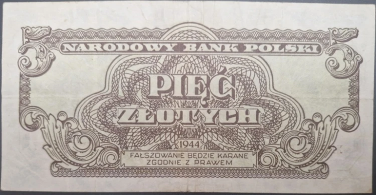 Banknot 5 zł 1944 seria lubelska -owym awers