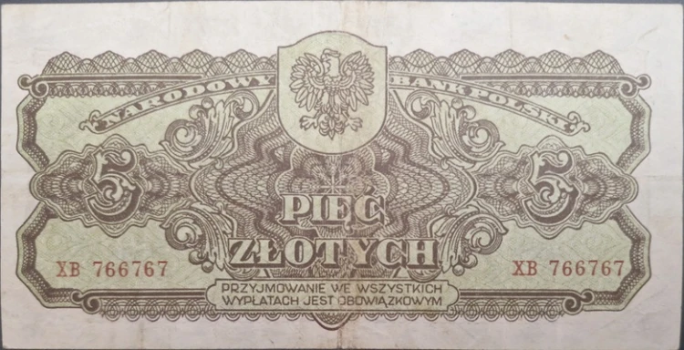 Banknot 5 zł 1944 seria lubelska -owym rewers