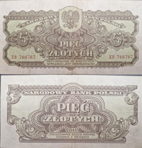Banknot 5 zł 1944 seria lubelska -owym