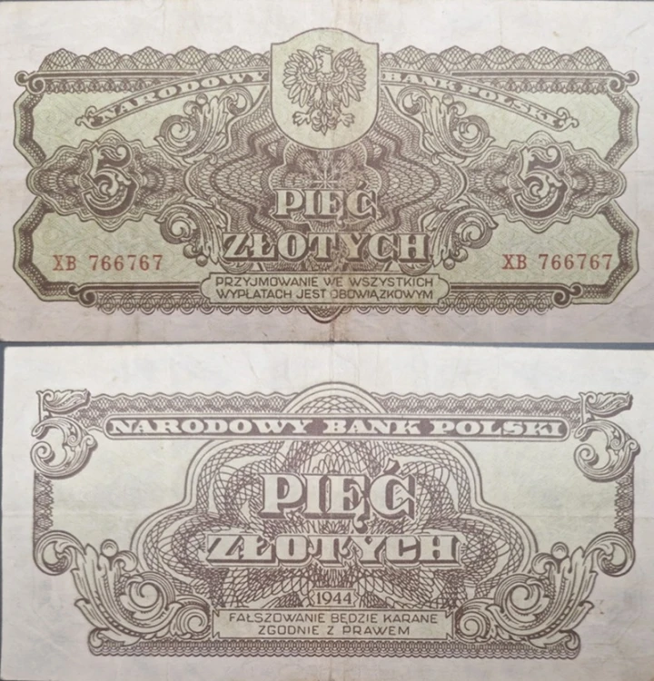Banknot 5 zł 1944 seria lubelska -owym