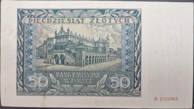 Banknot 50 zł 1941 stan 3 awers