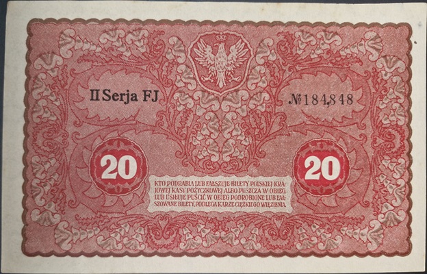 Banknot 20 marek 1919 stan 2 rewers