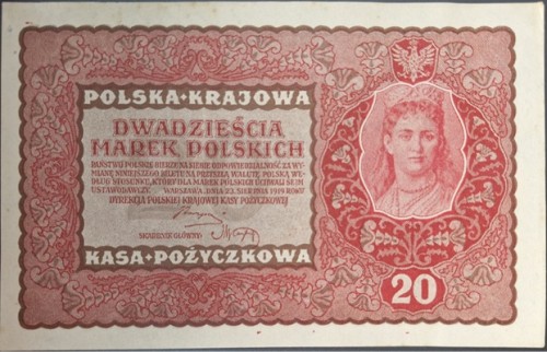 Banknot 20 marek 1919 stan 2 awers
