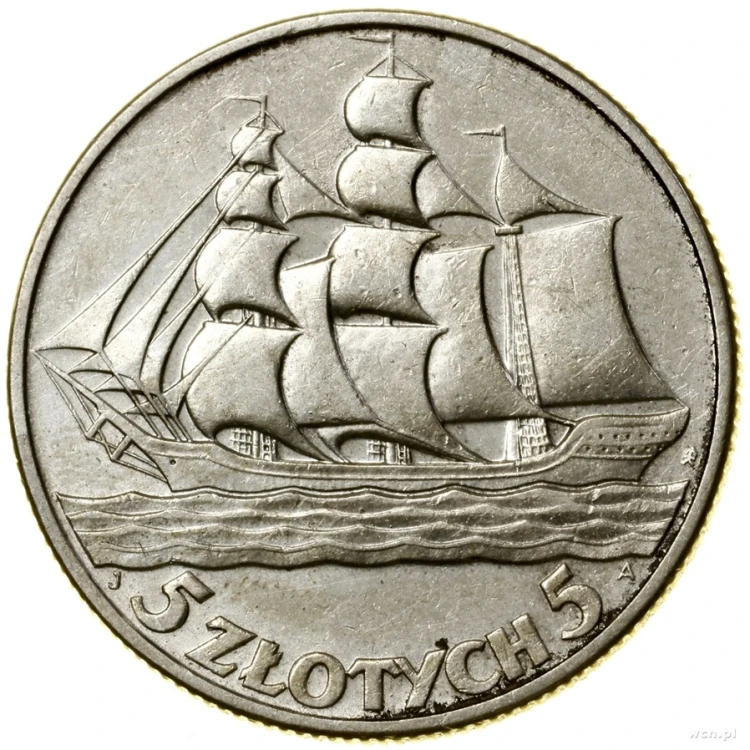 Moneta 5 zł 1936 Żaglowiec rewers