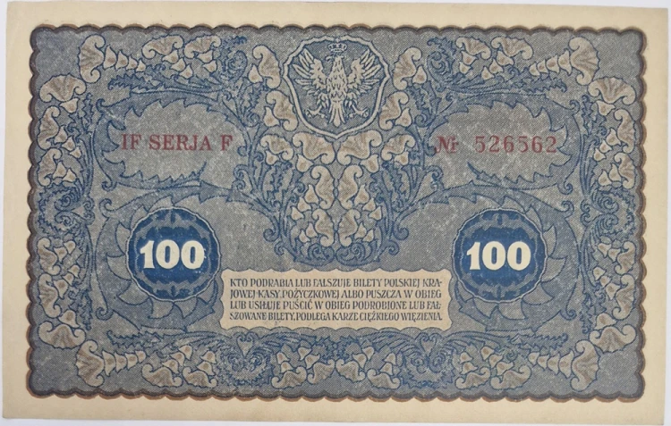 Banknot 100 marek polskich VIII 1919 stan 2 rewers