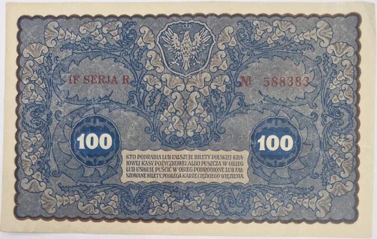 Banknot 100 marek polskich VIII 1919 stan 3 awers