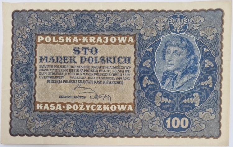 Banknot 100 marek polskich VIII 1919 stan 3 rewers