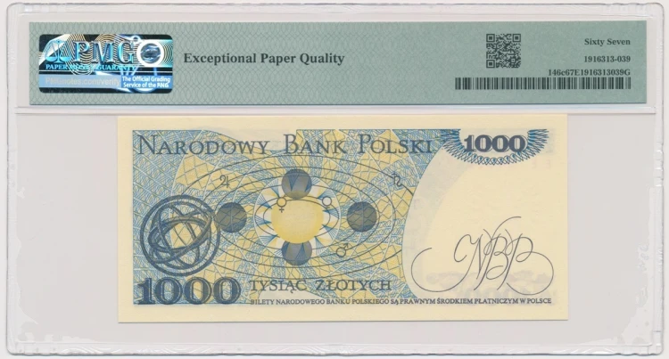 Banknot PRL 1000 złotych 1982 PMG 67 EPQ rewers