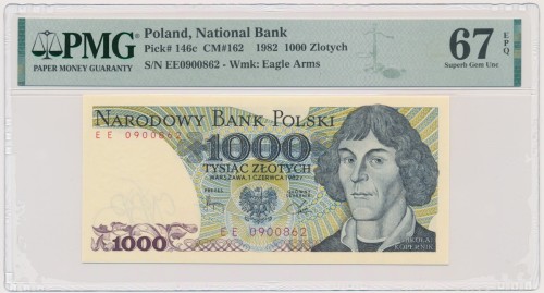 Banknot PRL 1000 złotych 1982 PMG 67 EPQ awers