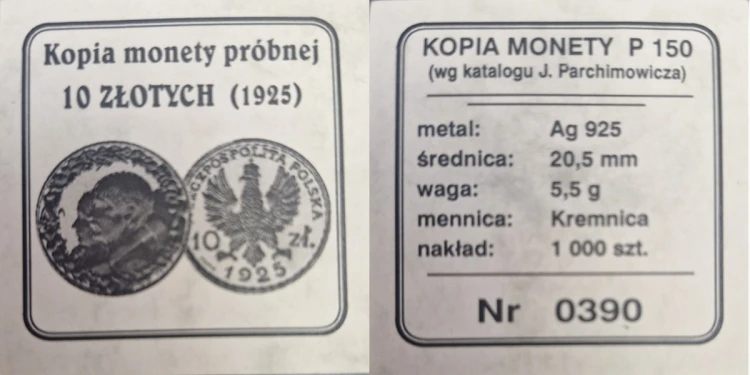Moneta 10 złotych 1925 KOPIA srebro Ag 925 certyfikat