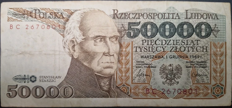 Banknot 50000 zł 1989 Stanisław Staszic stan 3 rewers