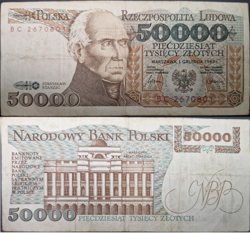 Banknot 50000 zł 1989 Stanisław Staszic stan 3