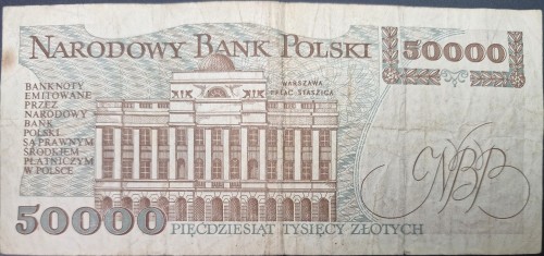Banknot 50000 zł 1993 stan 3 rewers